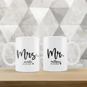 Dupla de Canecas - Mr & Mrs com Nome do Casal e Data